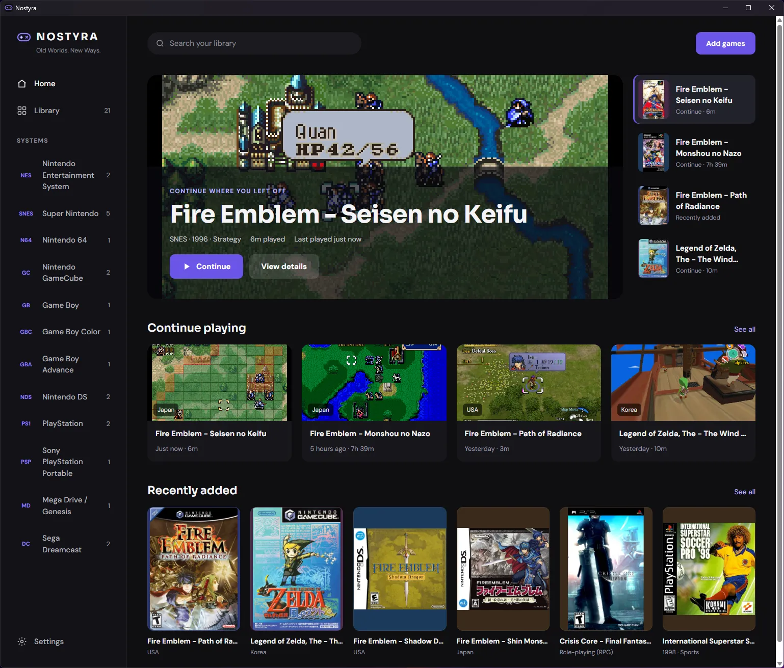 Nostyra Home screen: a Continue banner for the last game played, a Continue playing row and Recently added covers, with a sidebar listing systems