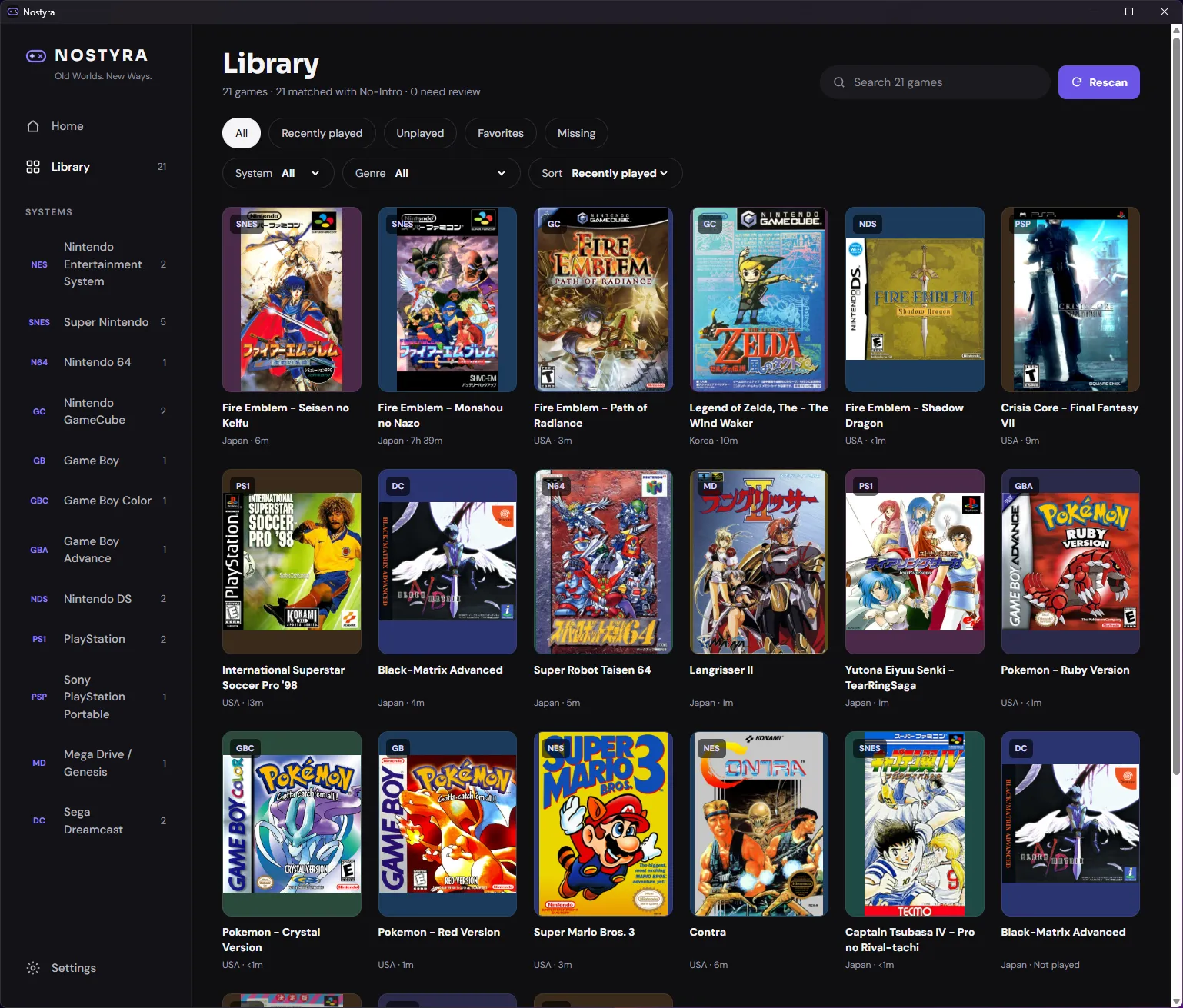 Nostyra Library: 21 games matched with No-Intro, filters for system, genre and sort, and a grid of covers labelled SNES, GC, NDS, PSP, PS1, N64 and more